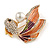 Clear Crystal Coral Enamel Gold-Fish Brooch/ Pendant with Pearl Bead - 45mm Tall - view 2