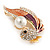 Clear Crystal Coral Enamel Gold-Fish Brooch/ Pendant with Pearl Bead - 45mm Tall - view 3