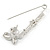 Clear Crystal Double Butterfly Safety Pin Brooch In Silver Tone - 80mm L - view 3