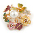 Multicoloured Crystal, Enamel Flower, Ladybug, Butterfly Wreath Brooch/ Pendant In Gold Tone Metal - 50mm Tall - view 3