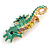 Bright Green/ Gold Enamel Crystal Seahorse Brooch/ Pendant in Gold Tone Metal - 50mm Tall - view 3