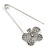 Silver Plated Clear Crystal Safety Pin Brooch With Flower Motif - 80mm L - view 4