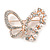 Exquisite Crystal, Faux Pearl Bead Butterfly Brooch In Rose Gold Metal - 40mm Across