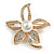 Gold Clear Crystals, White Glass Pearl Flower Brooch - 46mm Tall