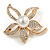 Gold Clear Crystals, White Glass Pearl Flower Brooch - 46mm Tall - view 2
