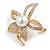 Gold Clear Crystals, White Glass Pearl Flower Brooch - 46mm Tall - view 5