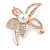 Gold Clear Crystals, White Glass Pearl Flower Brooch - 46mm Tall - view 6