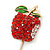 Gold Tone Red Crystal Green Enamel Apple Lapel, Hat, Suit, Tuxedo, Collar, Scarf, Coat Stick Brooch Pin - 63mm Long - view 2
