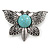 Vintage Inspired Butterfly Brooch with Simulated Turquoise Stone In Aged Silver Tone - 55mm Across