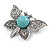 Vintage Inspired Butterfly Brooch with Simulated Turquoise Stone In Aged Silver Tone - 55mm Across - view 2