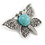 Vintage Inspired Butterfly Brooch with Simulated Turquoise Stone In Aged Silver Tone - 55mm Across - view 3