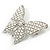 Large Faux Glass Pearl, Clear Crystal Butterfly Brooch In Rhodium Plating - 70mm Across - view 3