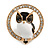 Adorable Black/ White Enamel Owl In The Crystal Circle Brooch In Gold Tone Metal - 35mm Diameter