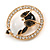 Adorable Black/ White Enamel Owl In The Crystal Circle Brooch In Gold Tone Metal - 35mm Diameter - view 2