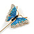 Gold Tone Blue/ Milky White Enamel Crystal Butterfly Lapel, Hat, Suit, Tuxedo, Collar, Scarf, Coat Stick Brooch Pin - 63mm Long - view 2