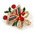 Christmas Crystal Jingle Bells Brooch In Gold Tone Metal (Red/ Green/ Clear) - 50mm Tall - view 4