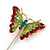 Gold Tone Light Green/ Red Enamel Crystal Butterfly Lapel, Hat, Suit, Tuxedo, Collar, Scarf, Coat Stick Brooch Pin - 63mm Long - view 2
