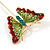 Gold Tone Light Green/ Red Enamel Crystal Butterfly Lapel, Hat, Suit, Tuxedo, Collar, Scarf, Coat Stick Brooch Pin - 63mm Long - view 5