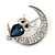 Blue/ Clear Crystal Owl On The Moon Brooch In Silver Tone Metal - 35mm Tall - view 2