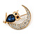 Blue/ Clear Crystal Owl On The Moon Brooch In Gold Tone Metal - 35mm Tall - view 2