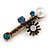 Vintage Inspired Crystal Pearl Fancy Brooch In Aged Gold Tone Metal (Blue/ Black/ White) - 65mm Across