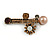 Vintage Inspired Crystal Pearl Fancy Brooch In Aged Gold Tone Metal (Topaz, Amber, Grey) - 65mm Across - view 2