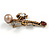 Vintage Inspired Crystal Pearl Fancy Brooch In Aged Gold Tone Metal (Topaz, Amber, Grey) - 65mm Across - view 3
