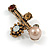 Vintage Inspired Crystal Pearl Fancy Brooch In Aged Gold Tone Metal (Topaz, Amber, Grey) - 65mm Across - view 5