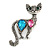 Vintage Inspired Textured Crystal Cat Brooch In Aged Silver Tone Metal - 50mm Tall