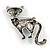Vintage Inspired Textured Crystal Cat Brooch In Aged Silver Tone Metal - 50mm Tall - view 4