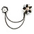Statement Pearl Crystal Double Flower Chain Brooch In Gun Metal Finish - view 2