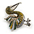 Olive/ Green/ Grey Enamel Pelican Bird Brooch In Aged Silver Tone Metal - 43mm Across - view 3