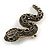 Small Grey/ Black Crystal Snake Brooch In Aged Gold Tone Metal - 40mm Long - view 4