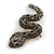 Small Grey/ Black Crystal Snake Brooch In Aged Gold Tone Metal - 40mm Long - view 5