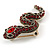 Small Red/ Black Crystal Snake Brooch In Aged Gold Tone Metal - 40mm Long - view 4