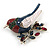 Red/ Blue/ White Enamel, Crystal Robin/ Bullfinch Bird Brooch In Silver Tone - 55mm Across - view 2