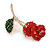 Statement Red/ Green/ Clear Crystal Rose Brooch In Gold Tone - 68mm Tall - view 3