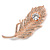 CZ/ Clear Austrian Crystal Peacock Feather Brooch In Rose Gold Tone Metal - 7cm Long