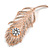 CZ/ Clear Austrian Crystal Peacock Feather Brooch In Rose Gold Tone Metal - 7cm Long - view 2