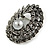 Vintage Inspired Open Oval Hematite Crystal with Pearl Bead Brooch In Aged Silver Tone - 45mm Long - view 2