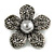 Stunning Hematite Crystal Grey Bead Flower Brooch In Aged Silver Tone Metal - 45mm Diameter