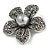 Stunning Hematite Crystal Grey Bead Flower Brooch In Aged Silver Tone Metal - 45mm Diameter - view 2