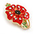 Bright Red Enamel Clear/ Green/ Black Crystal Poppy Brooch In Gold Tone Metal - 50mm Long - view 3