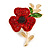 Red/ Green Crystal Poppy Brooch In Gold Tone Metal - 55mm Long