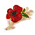 Red/ Green Crystal Poppy Brooch In Gold Tone Metal - 55mm Long - view 3