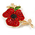 Red/ Green Crystal Poppy Brooch In Gold Tone Metal - 55mm Long - view 4