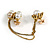 Statement Pearl Crystal Double Flower Chain Brooch In Aged Gold Tone Metal Finish - view 2