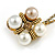 Statement Pearl Crystal Double Flower Chain Brooch In Aged Gold Tone Metal Finish - view 3