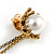 Statement Pearl Crystal Double Flower Chain Brooch In Aged Gold Tone Metal Finish - view 4