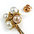 Statement Pearl Crystal Double Flower Chain Brooch In Aged Gold Tone Metal Finish - view 6